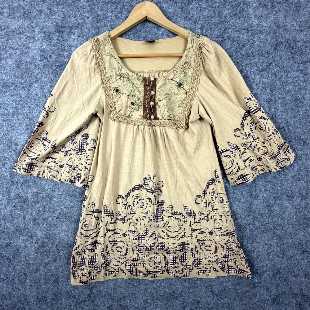 Language Los Angeles Tunic Top Womens Medium Beige Floral Y2K Babydoll Bohemian